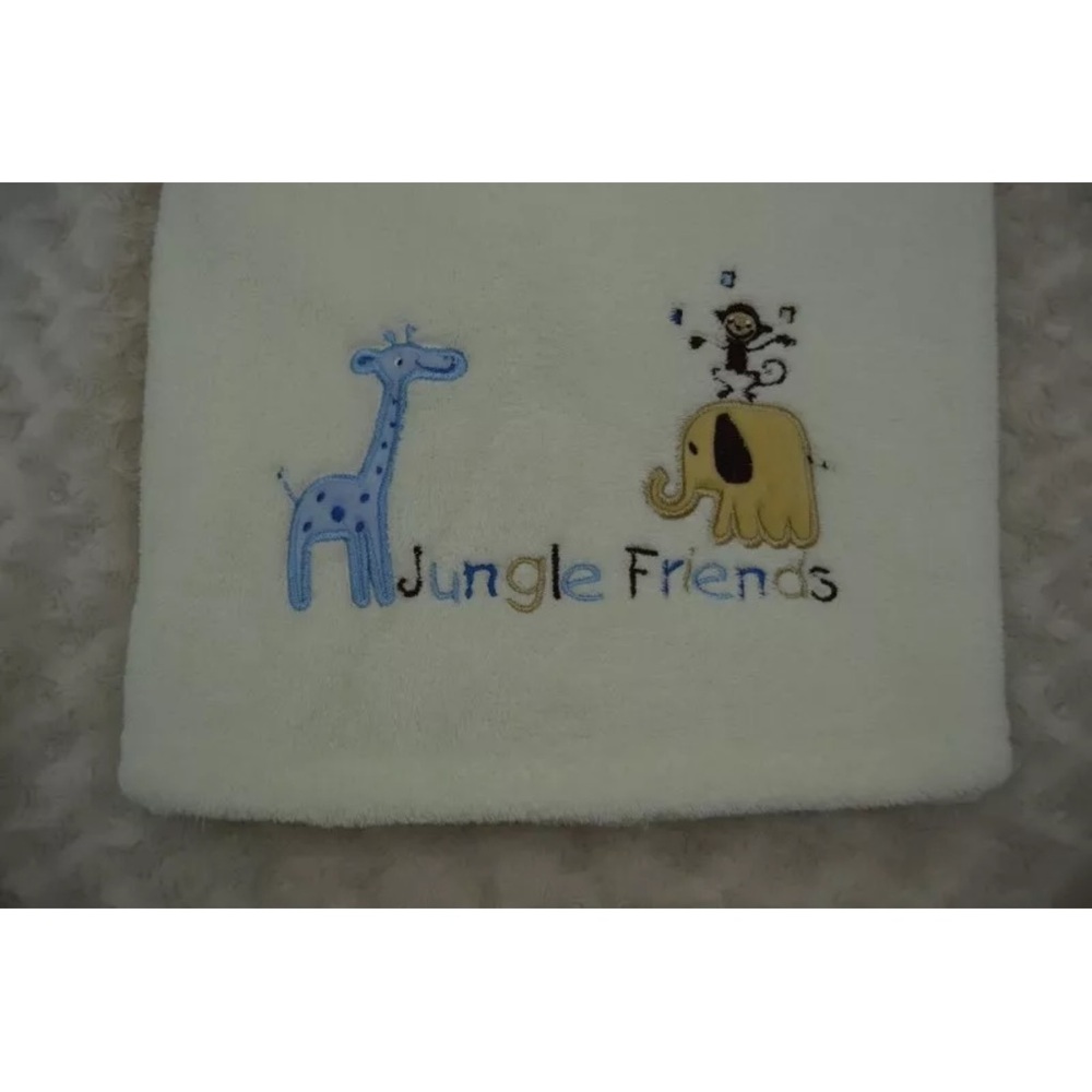 Cuddle Baby Jungle Friends Blanket Giraffe Elephant Monkey Cream Blue Off White